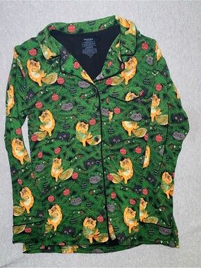 MeUndies Sz S Modal Button Down PJ Top Long Sleeve Cats Tree Christmas Print